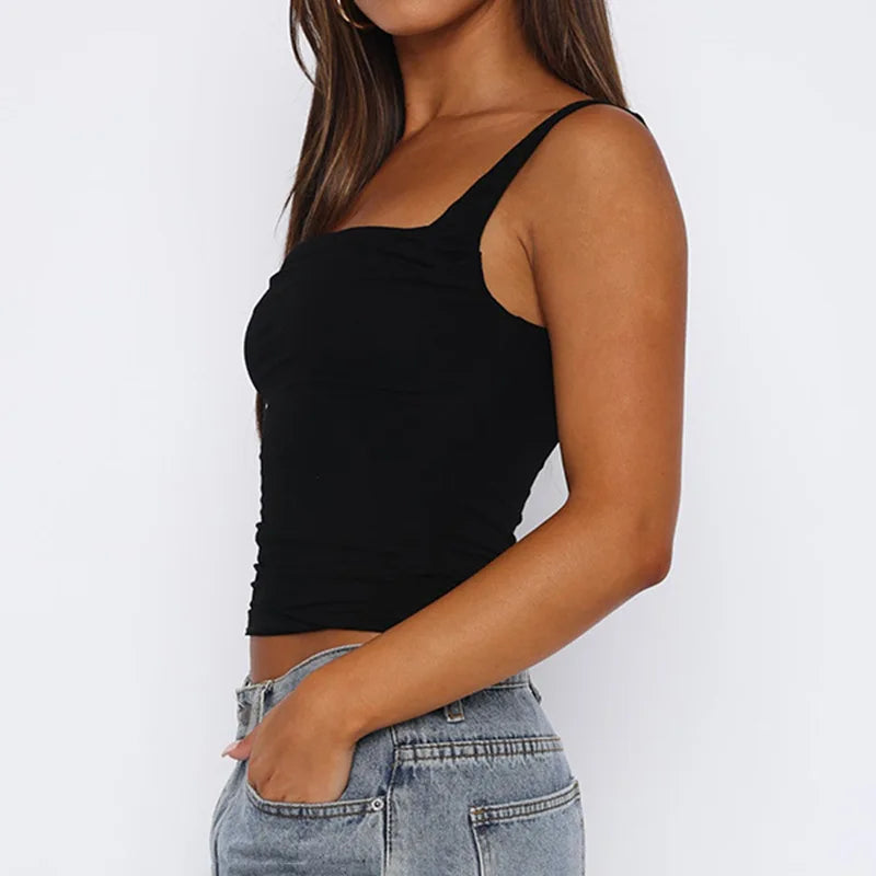 New Women Tank Tops Summer Solid Sexy Backless Streetwear Casual Slim Sleeveless Camisole Fashion Folds Tank Tops Lady Clothing